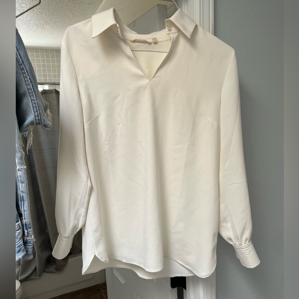 Men's Cream Collared V-Neck Long-Sleeve Shirt